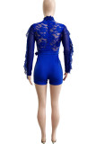 Blue Sexy Solid Hollowed Out Patchwork See-through Half A Turtleneck Regular Rompers