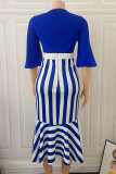 Blaue Freizeitkleidung, elegant, gestreift, Patchwork, Volant, O-Ausschnitt, unregelmäßiges Kleid