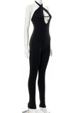 Svarta sexiga sportkläder Solid Backless Strap Design Halter Skinny Jumpsuits