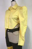 Yellow Fashion Sexy Solid Patchwork Buckle Asymmetrical Turndown Collar Tops