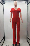 Red Fashion Casual Solid Basic V Neck Skinny Jumpsuits
