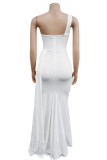 White Fashion Sexy Solid Patchwork Backless Slit One Shoulder Evening Dress