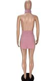 Pink Sexy Solid Patchwork Backless Slit Halter A Line Dresses
