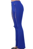 Colorful Blue Casual Solid Hollowed Out Skinny High Waist Conventional Solid Color Trousers