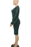 Vestidos de falda de lápiz con cuello en V de hilo de retazos sólidos informales de color verde tinta
