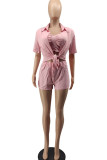 Pink Casual Solid Patchwork Buckle Turndown Collar Short Sleeve Two Pieces