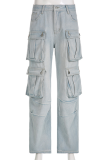 Vaqueros de mezclilla sueltos de cintura alta con bolsillo de patchwork de cambio gradual de Street azul claro