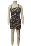 茶色のセクシーなプリント パッチワーク ドロー ストリング スパゲッティ ストラップ ペンシル スカート ドレス