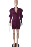 紫のセクシーな固体包帯中空アウト パッチワーク バックル ターン バック カラー ワン ステップ スカート ドレス