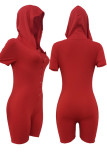 Red Casual Solid Patchwork Buckle Hooded Collar Skinny Rompers