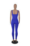 Blauwe casual sportkleding Effen patchwork skinny jumpsuits met U-hals