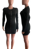 Black Casual Solid Patchwork Buckle Fold O Neck Pencil Skirt Dresses