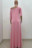 Pink Fashion Solid Asymmetrical Oblique Collar Long Dresses