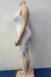 レッド セクシー カジュアル プラス サイズ ソリッド バックレス スリット フォールド オブリーク カラー ノースリーブ ドレス