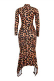 Leopardenmuster Mode Casual Print Asymmetrische Rollkragen Langarm Kleider