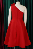 Rotes elegantes festes Patchwork-Falten-Abend-Kleid mit schrägem Kragen