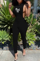 Schwarze Jumpsuits mit sexy Aufdruck und Buchstaben-Umlegekragen