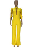 Yellow Sexy Solid Patchwork O Neck Straight Jumpsuits(Without Belt)
