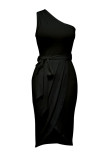 Vestido irregular de cuello oblicuo asimétrico de retazos de vendaje sólido sexy negro Vestidos