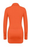 Orange Casual Solid Fold Turndown Collar Long Sleeve Two Pieces
