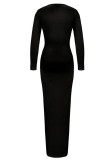 Black Sexy Simplicity Solid Frenulum V Neck One Step Skirt Dresses