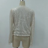 Apricot Fashion Solid Sequins Patchwork O Neck Outerwear