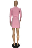 ピンク セクシー ソリッド パッチワーク フェザー メッシュ O ネック ワンステップ スカート ドレス