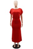 Красное повседневное однотонное платье с открытой спиной и круглым вырезом с коротким рукавом Платья