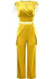 Yellow Casual Solid Patchwork V Neck Sleeveless Two Pieces