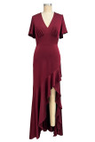 Red Casual Solid Patchwork Flounce Asymmetrical V Neck Evening Dress Dresses