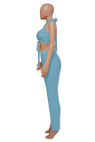 Light Blue Sexy Solid Bandage Hollowed Out Patchwork Backless Fold Halter Sleeveless Two Pieces