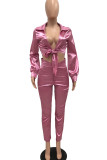 Champagne Sexy Solid Bandage Patchwork Turndown Collar Long Sleeve Two Pieces