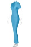 Blå Sexig Solid Basic Half A Turtleneck Kortärmad Klänning Klänningar