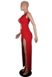 Red Sexy Solid Hollowed Out Slit O Neck Long Dress Dresses