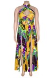 Yellow Sexy Print Hollowed Out Backless Slit Halter Plus Size Two Pieces