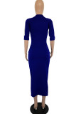 Deep Blue Casual Solid Patchwork O Neck Straight Dresses