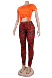 Orange Fashion Casual Print Solid Draw String Frenulum O Neck Short Sleeve Two Pieces Crop Tops And Pants Sets