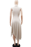 Apricot Casual Solid Patchwork Asymmetrical Turn-back Collar Irregular Dress Dresses