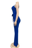 Blue Daily Spandex Solid Bandage Backless Spaghetti Strap Regular Jumpsuits