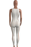 White Sexy Solid Hollowed Out Mesh O Neck Skinny Jumpsuits