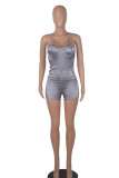 Silver Sexy Solid Patchwork Spaghetti Strap Skinny Rompers