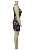 Коричневый сексуальный принт пэчворк Draw String Спагетти ремень юбка-карандаш платья