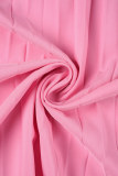 Розовые повседневные однотонные плиссированные платья с длинным рукавом и V-образным вырезом с уздечкой