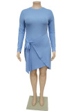 Light Blue Casual Solid Patchwork Frenulum O Neck Long Sleeve Plus Size Dresses