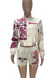 Cream White Casual Print Patchwork Buckle Long Sleeve Two Pieces