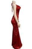 Red Sexy Solid Patchwork Halter Long Dress Dresses