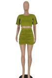 Green Casual Solid Fold O Neck Short Sleeve Two Pieces