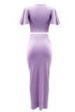 Purple Elegant Solid Patchwork Fold V Neck Short Sleeve Two Pieces
