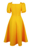 黄色のエレガントなソリッドパッチワークスクエアカラーイブニングドレスドレス