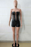 Black Sexy Party Solid Cross Straps Reflective Strapless Skinny Rompers